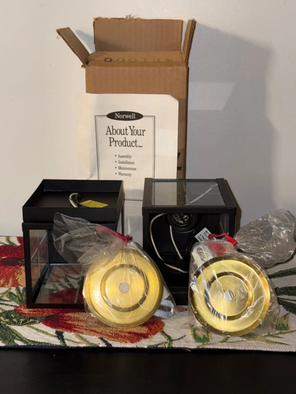 Pair of Black Outdoor Lantern Wall Sconces Lights with Gold Finials Norwell